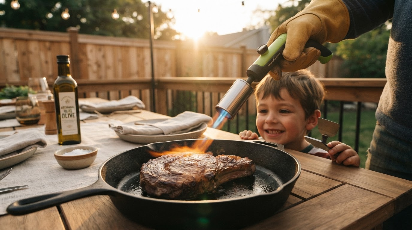 Searing Meat With Adjustable Propane Cooking Flame Torch