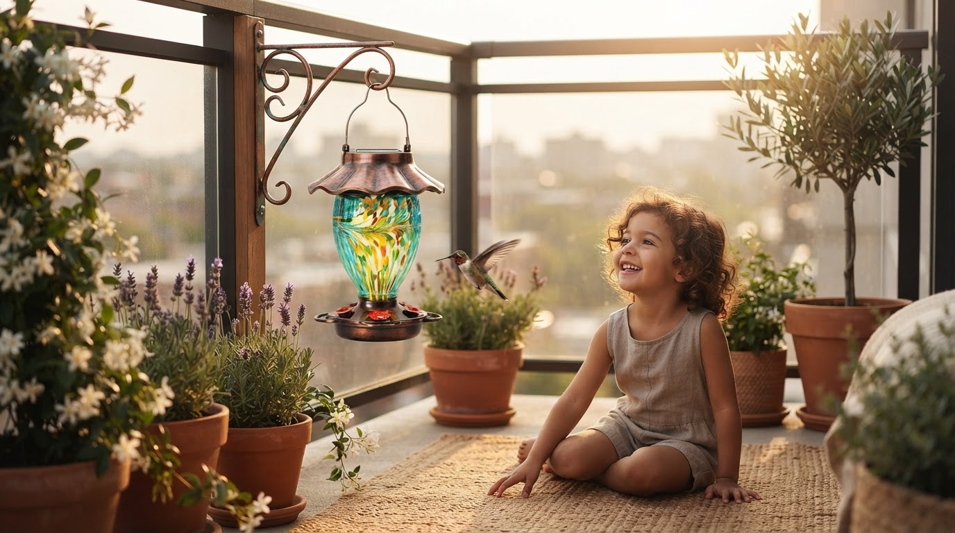 Can a Copper Solar Hummingbird Feeder fit on a balcony?