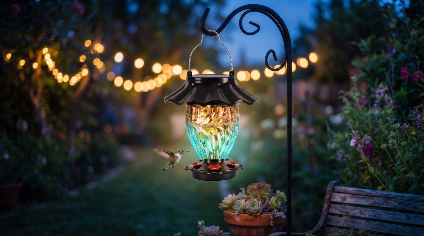 How does a Solar Hummingbird Feeder improve garden decor?