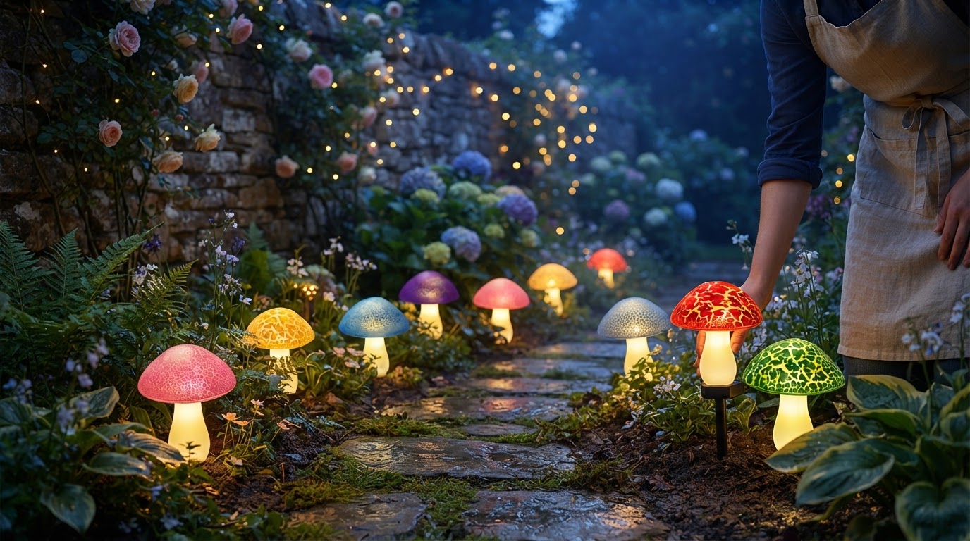 How do solar powered fairy mushroom path lights work?