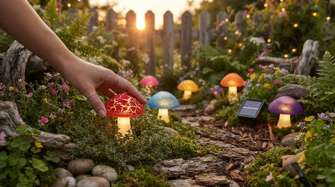 How do Solar Mushroom Lights enhance fairy garden decor?