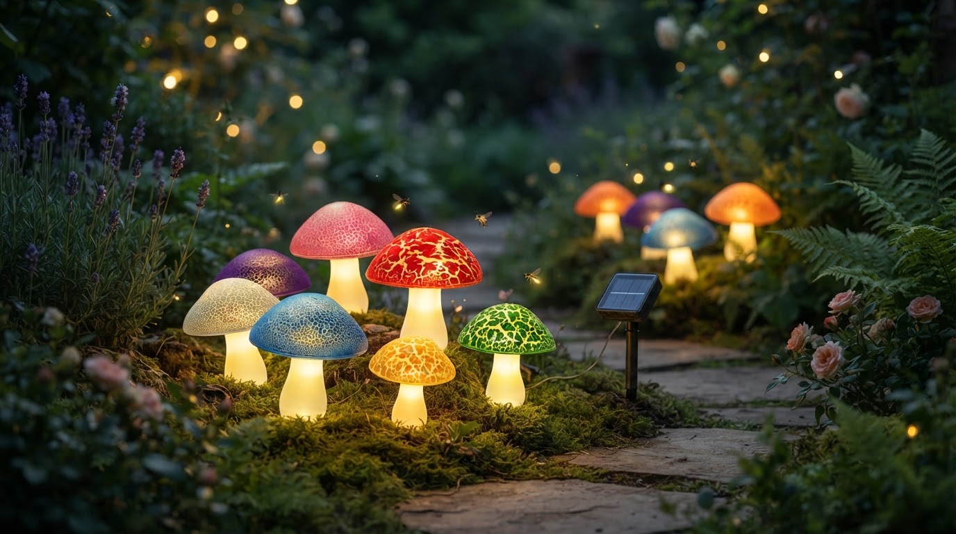 How do solar powered fairy mushrooms work in gardens?