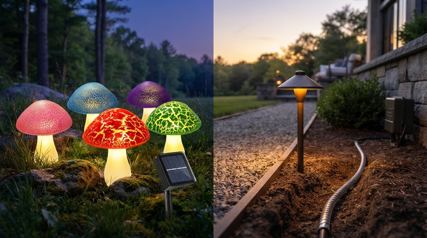 Solar Mushroom Lights vs Low Voltage Landscape Systems