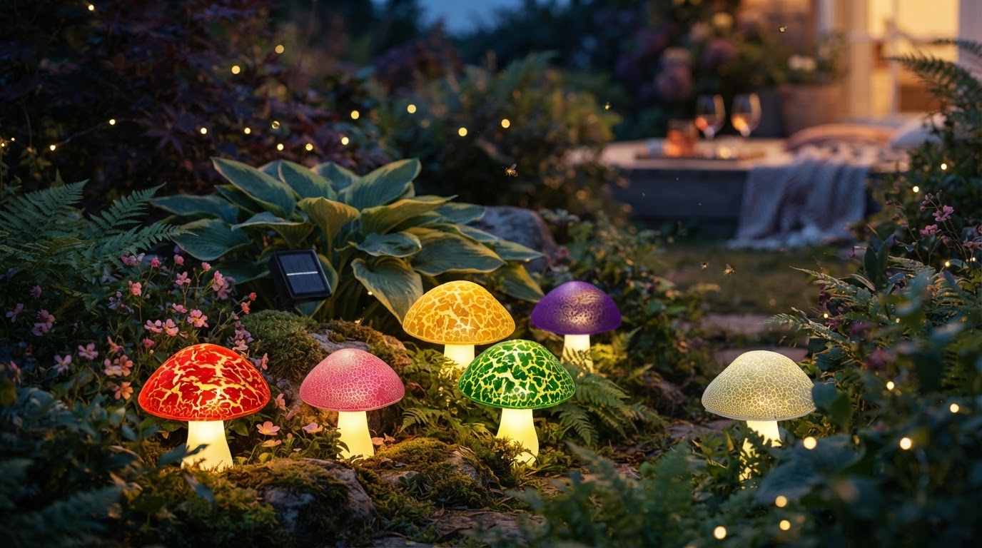 How do toadstool solar lights enhance garden aesthetics?