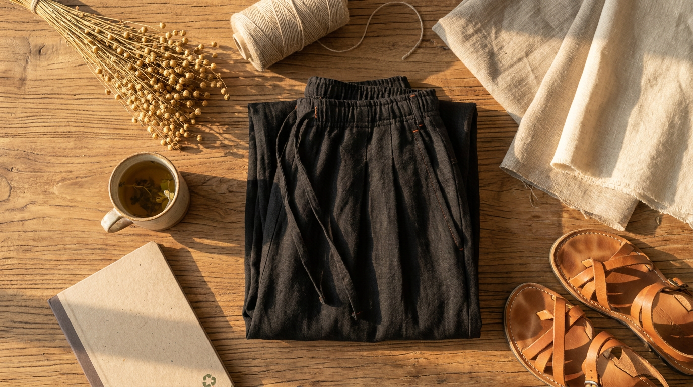 Sustainable Design of Flax Pleated Wide Pants With Drawstrings