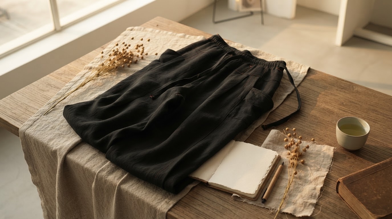 Sustainable Design in Flax Pleated Wide Pants With Drawstrings
