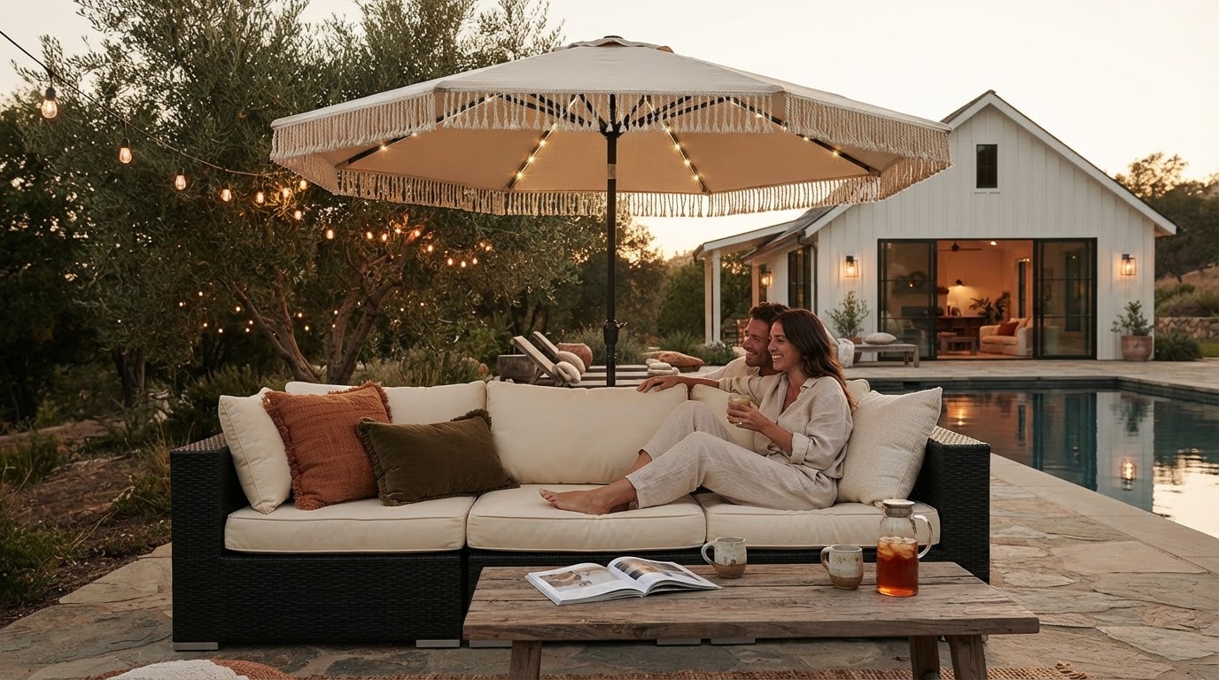 Fringed Patio Umbrella Sale Matches Solar Lights Umbrella