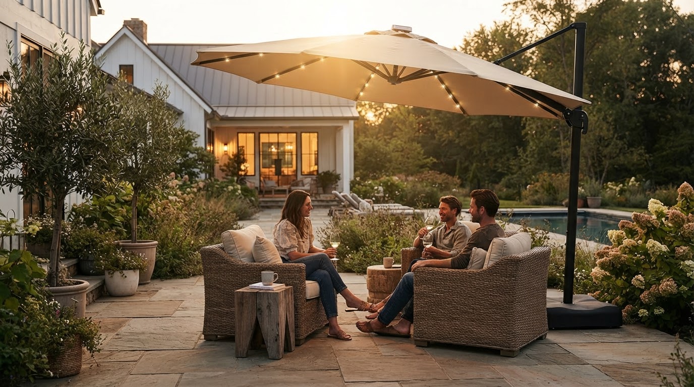 Why choose an offset umbrella with solar lights for a patio?
