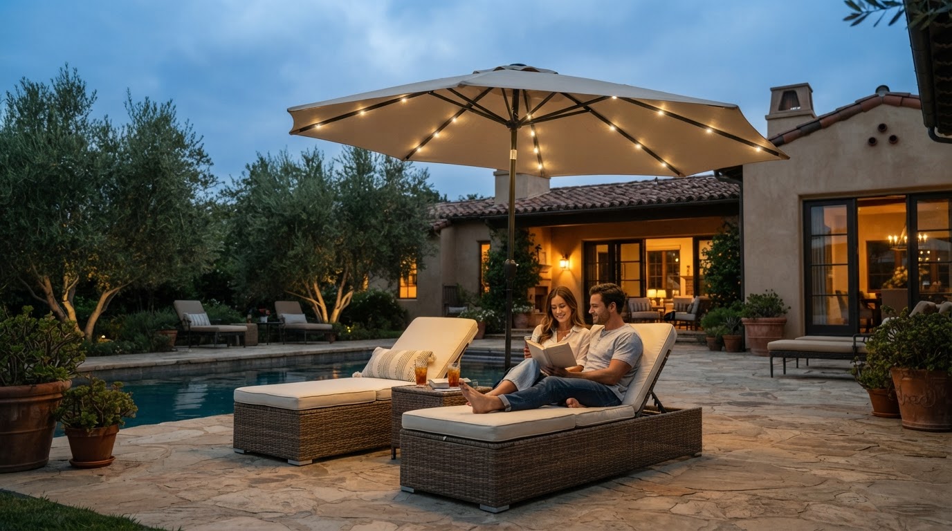 How do outdoor solar umbrella lights perform in low sun?