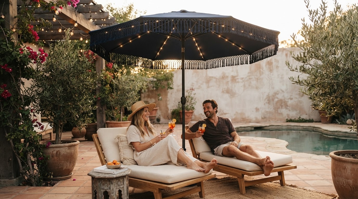 Solar Lights Umbrella Marks Down Tasseled Navy Patio Gear