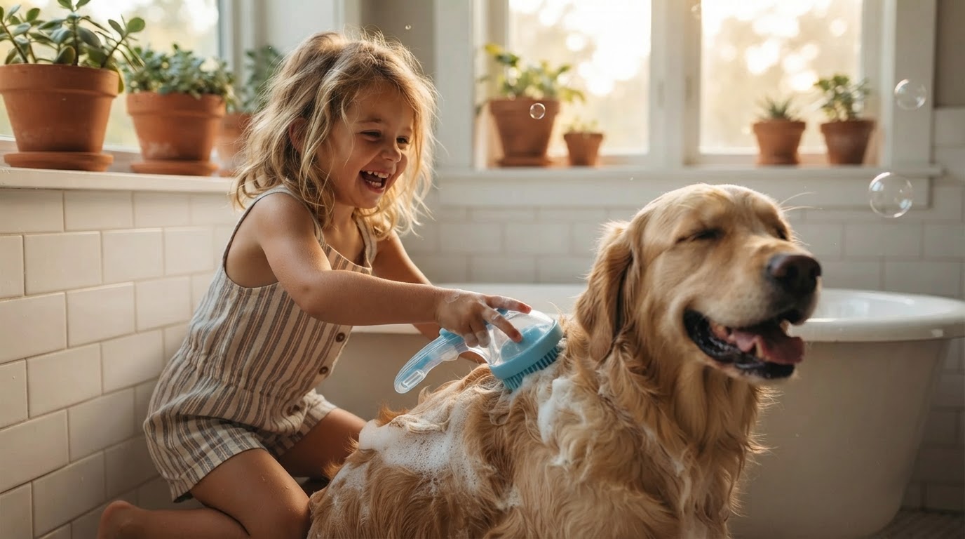 How do I use a shampoo dispensing dog brush effectively?