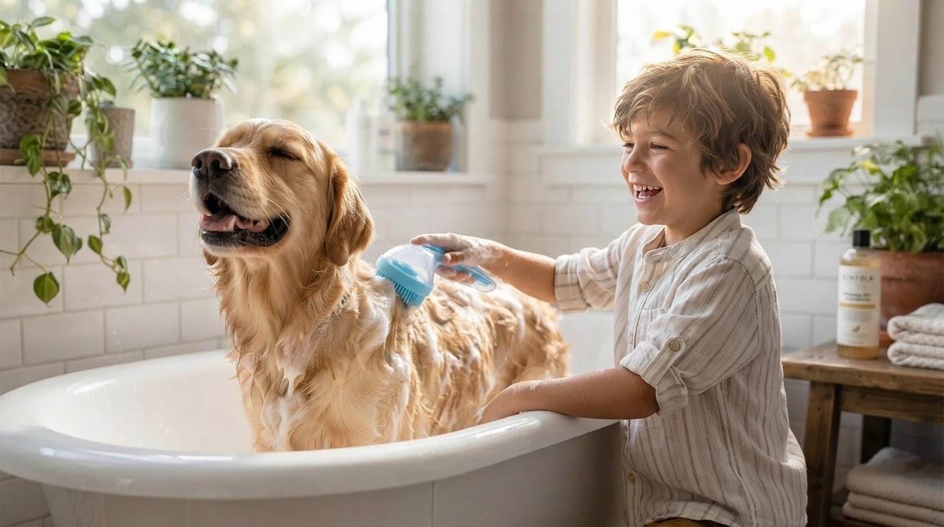 How do I use a silicone dog scrubber for bath time?