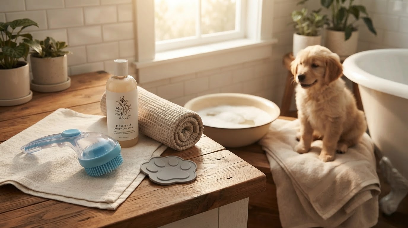 What belongs in a puppy bath essentials kit with a Pet Shampoo Brush?