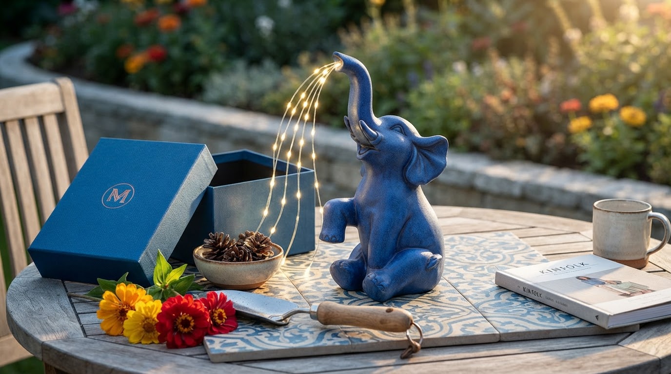 Solar Elephant Light Testing for Blue Garden Accents