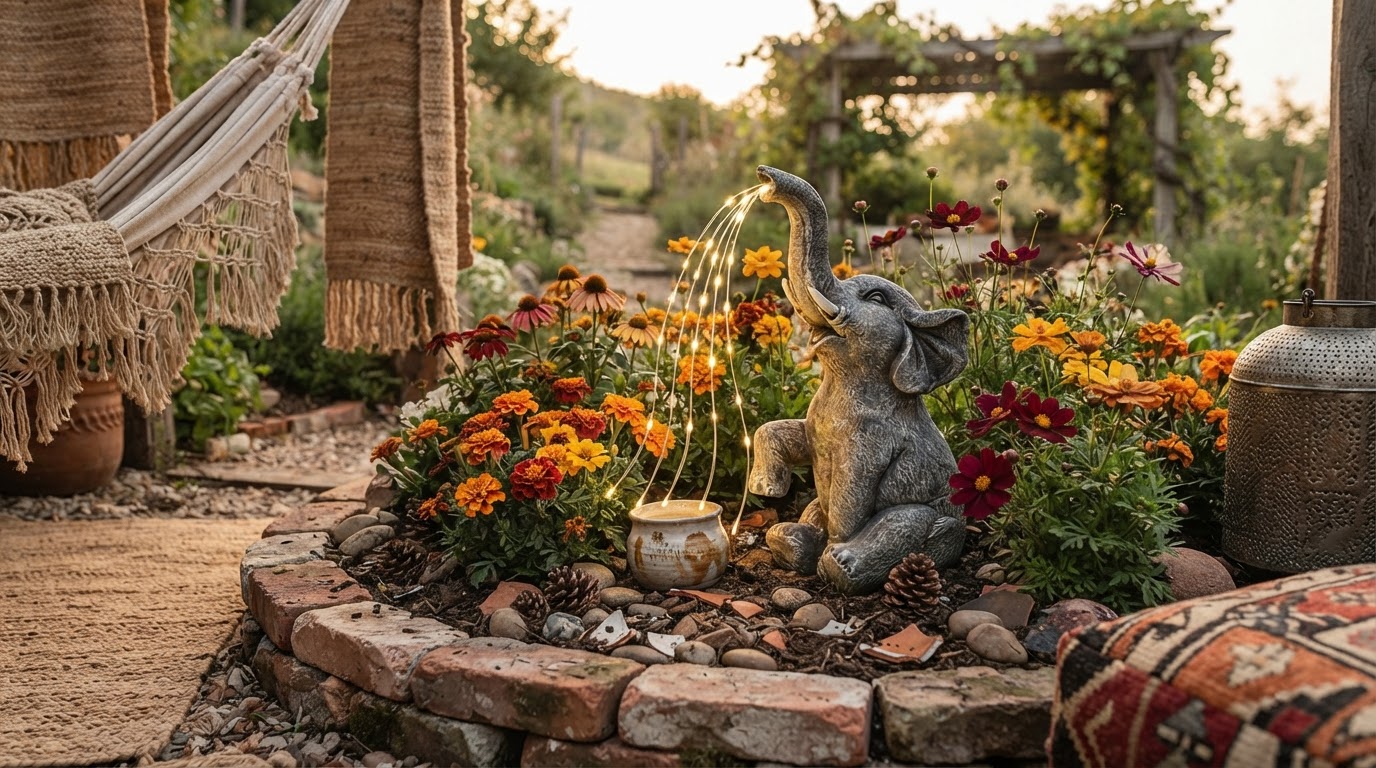 Integrating Solar Elephant Light into Boho Garden Design