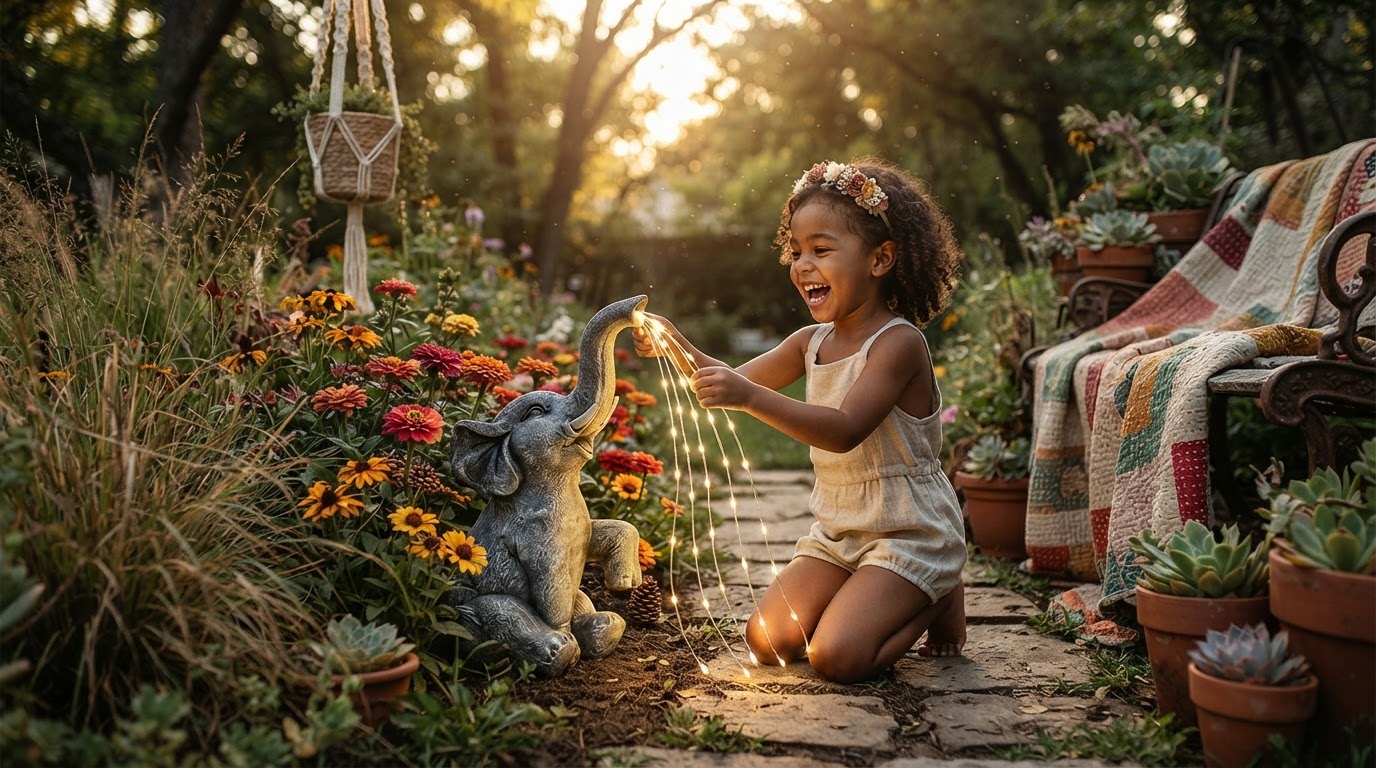 Solar Elephant Light Deployment for Boho Garden Aesthetics