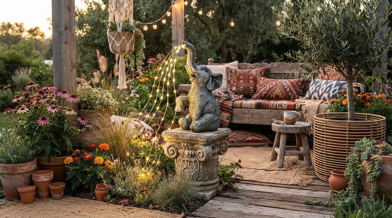How do I style a Solar Elephant Light in a boho garden?