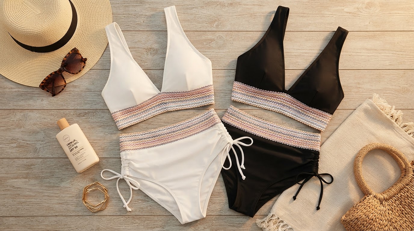 High Waisted Tummy Control Color Block Bikini Sets for Modesty