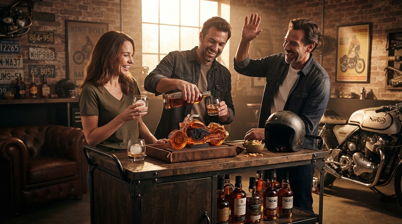 A 4-Step Biker Bar Setup with Motorcycle Whiskey Decanter