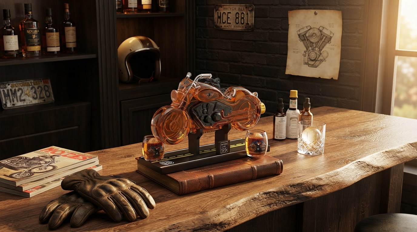 How to Style a Motorcycle Themed Home Bar with Novelty Whiskey Decanters