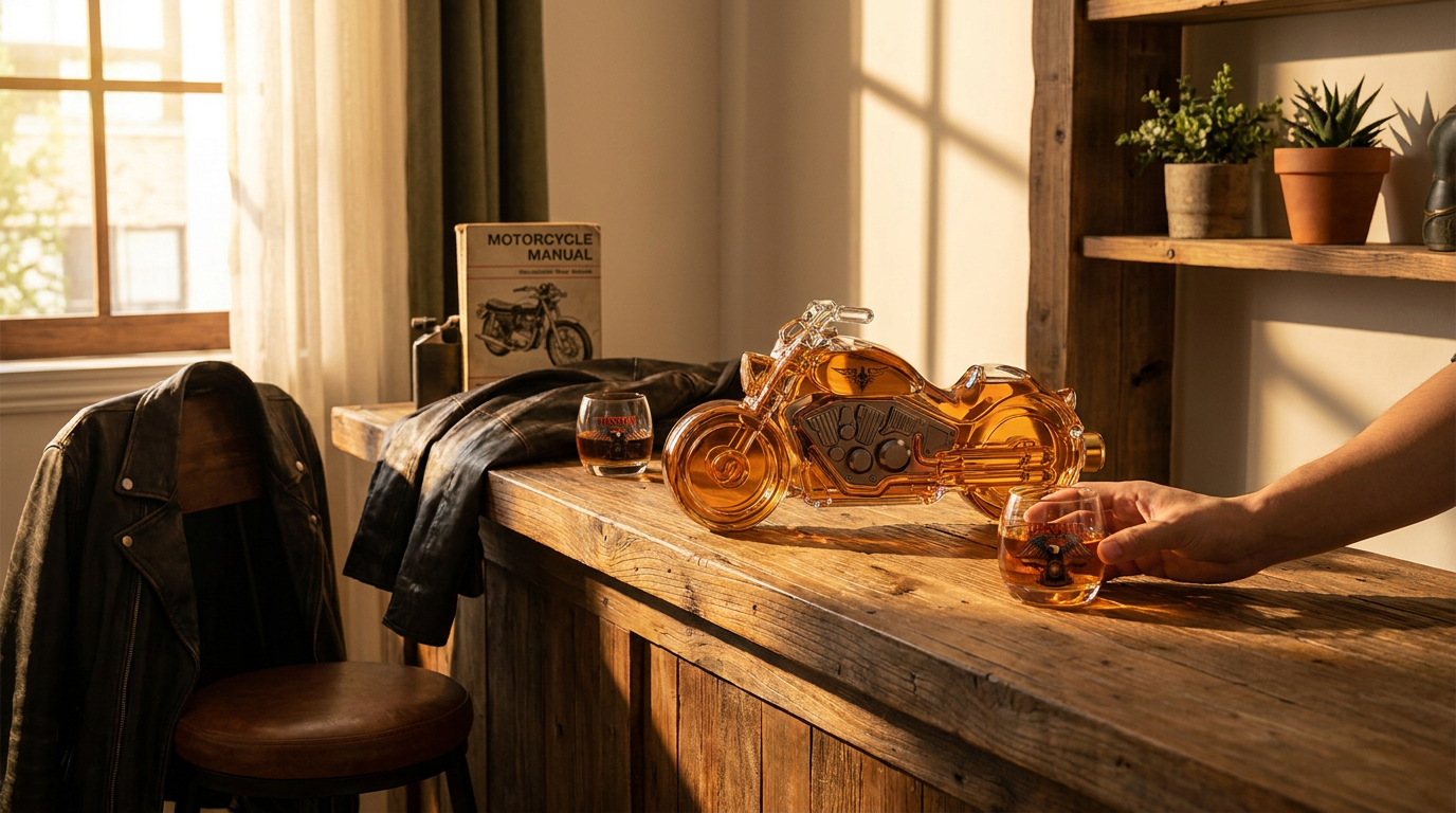 What is the best motorcycle engine whiskey decanter for a bar?