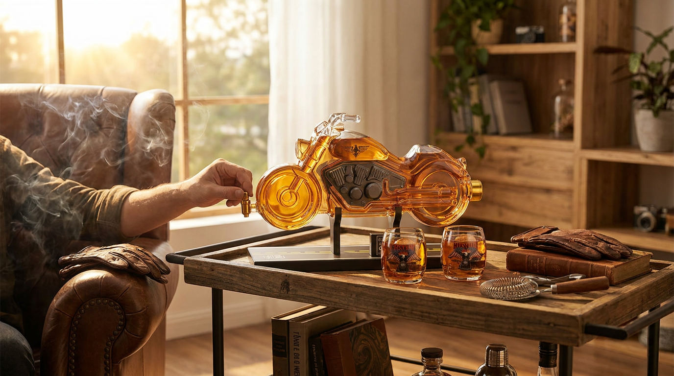 How does a motorcycle shaped liquor dispenser work?