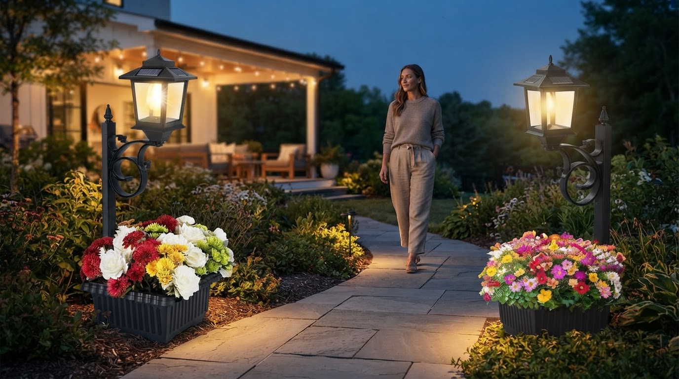How does an illuminated planter box improve yard safety?