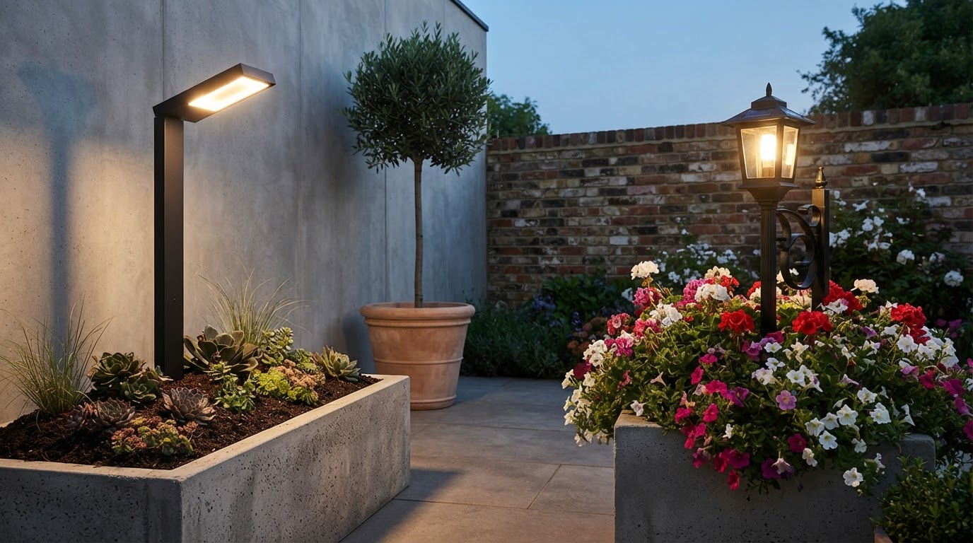 What defines a modern minimalist solar planter lamp?