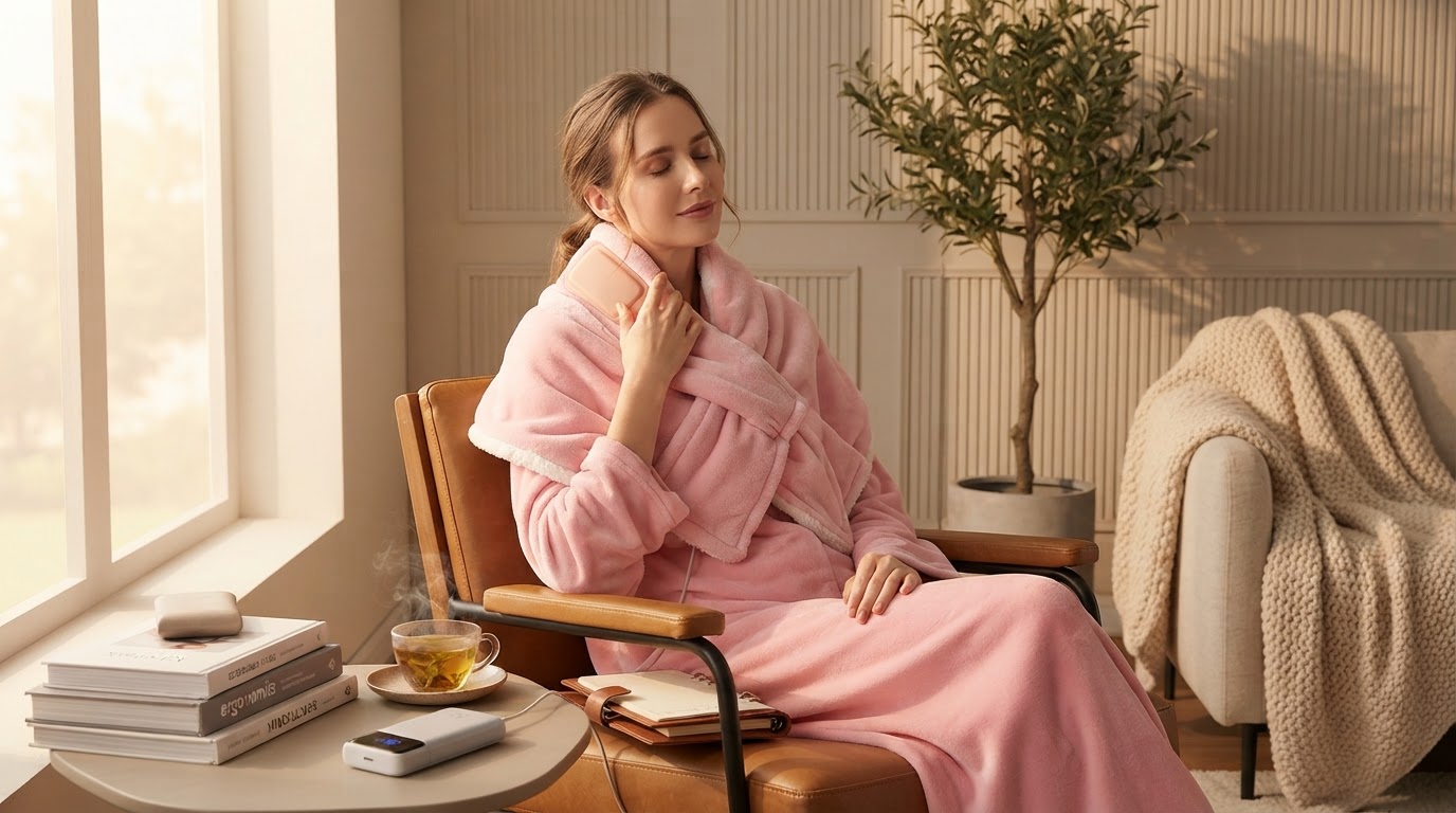 Applying Heated Blanket Wrap for Neck and Shoulder Tension