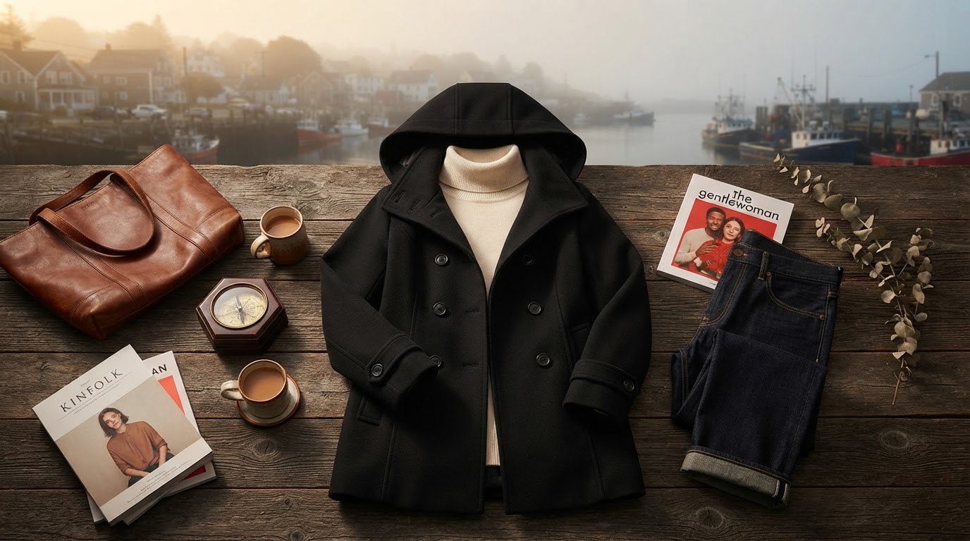 Hooded Wool Pea Coat Utility for Coastal Winter Transitions