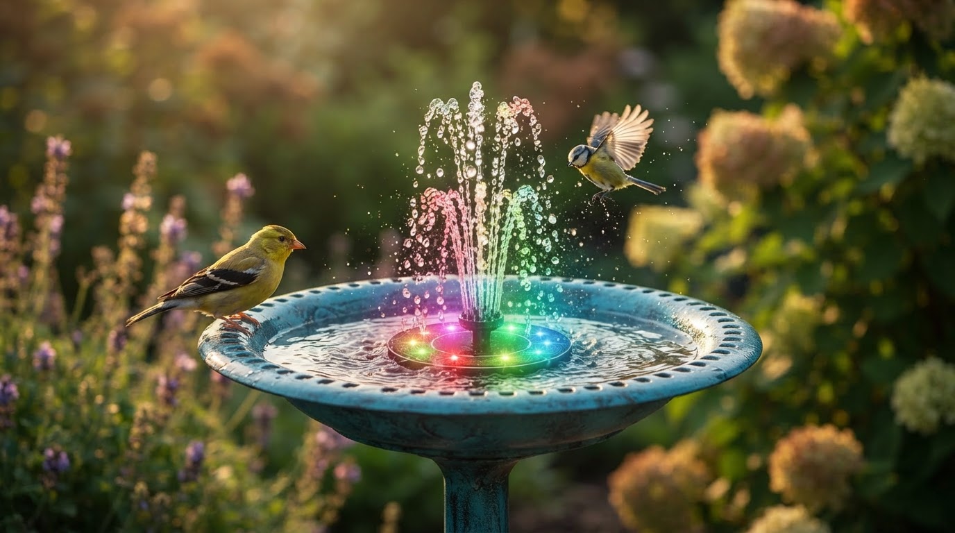 How does a Colorful Solar Fountain Pump improve bird baths?