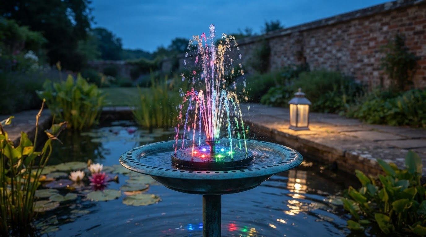 Which RGB solar water pump offers the best garden lighting?