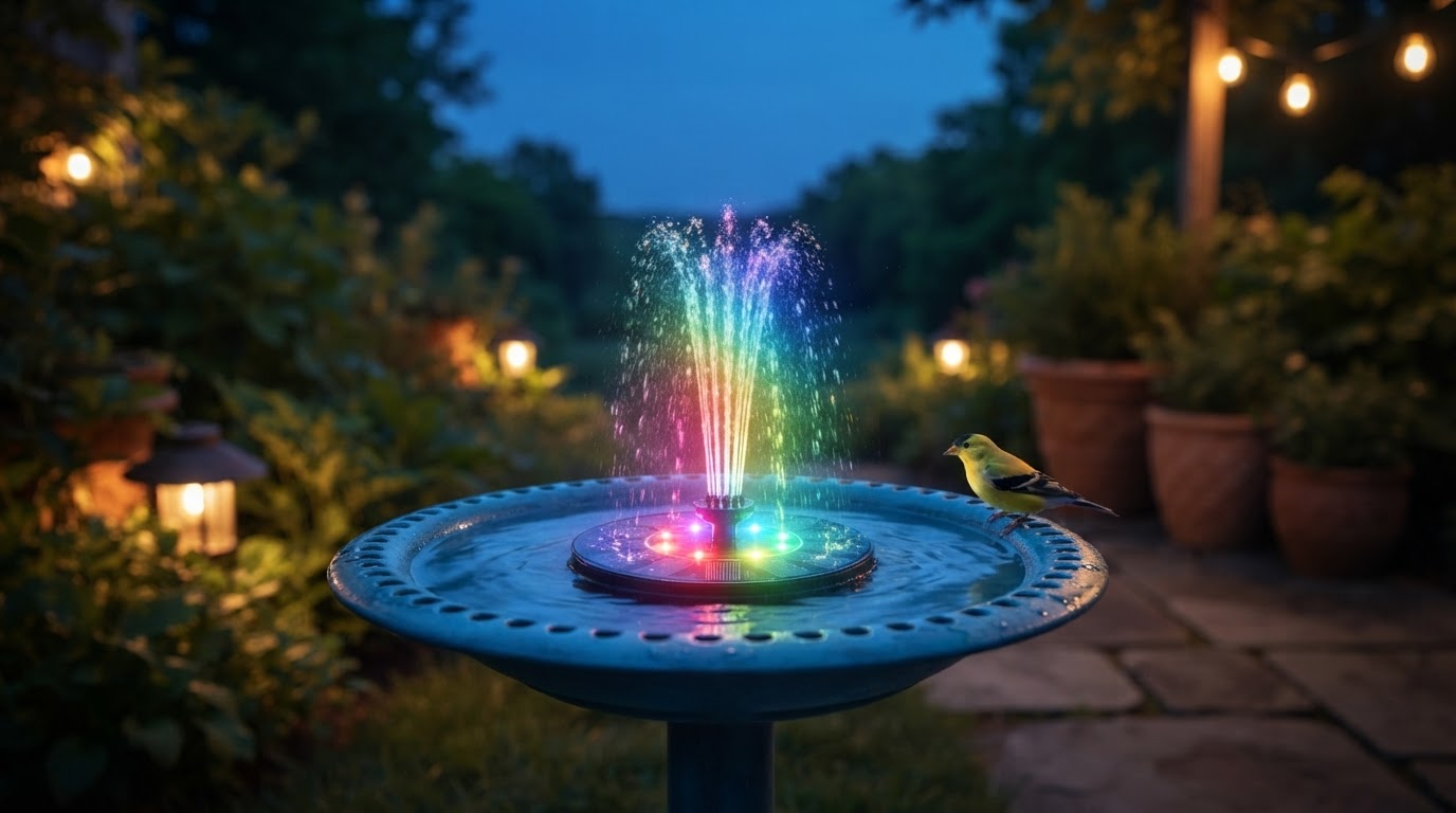 Colorful Solar Fountain Pump Nighttime Performance Review
