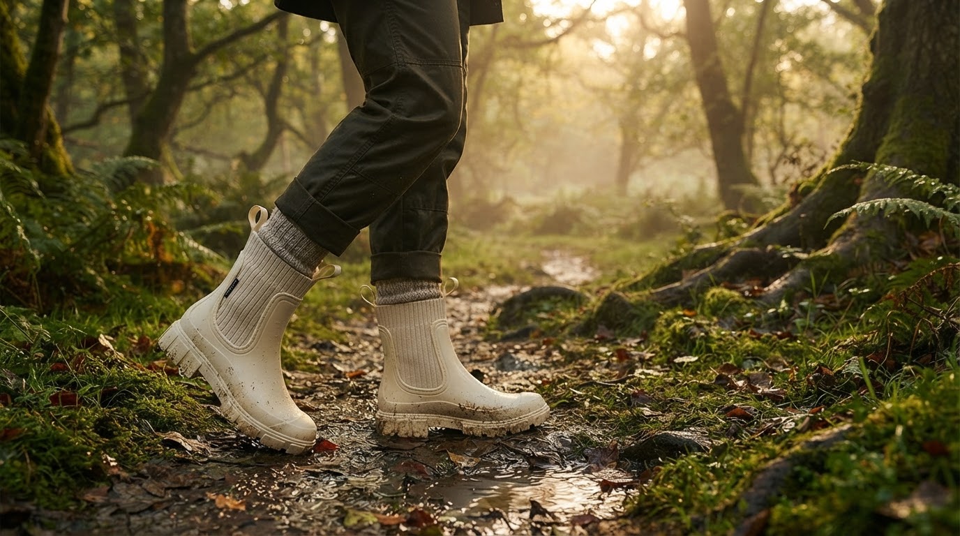 A rounded-toe rain boot framework for wet trails and long walks