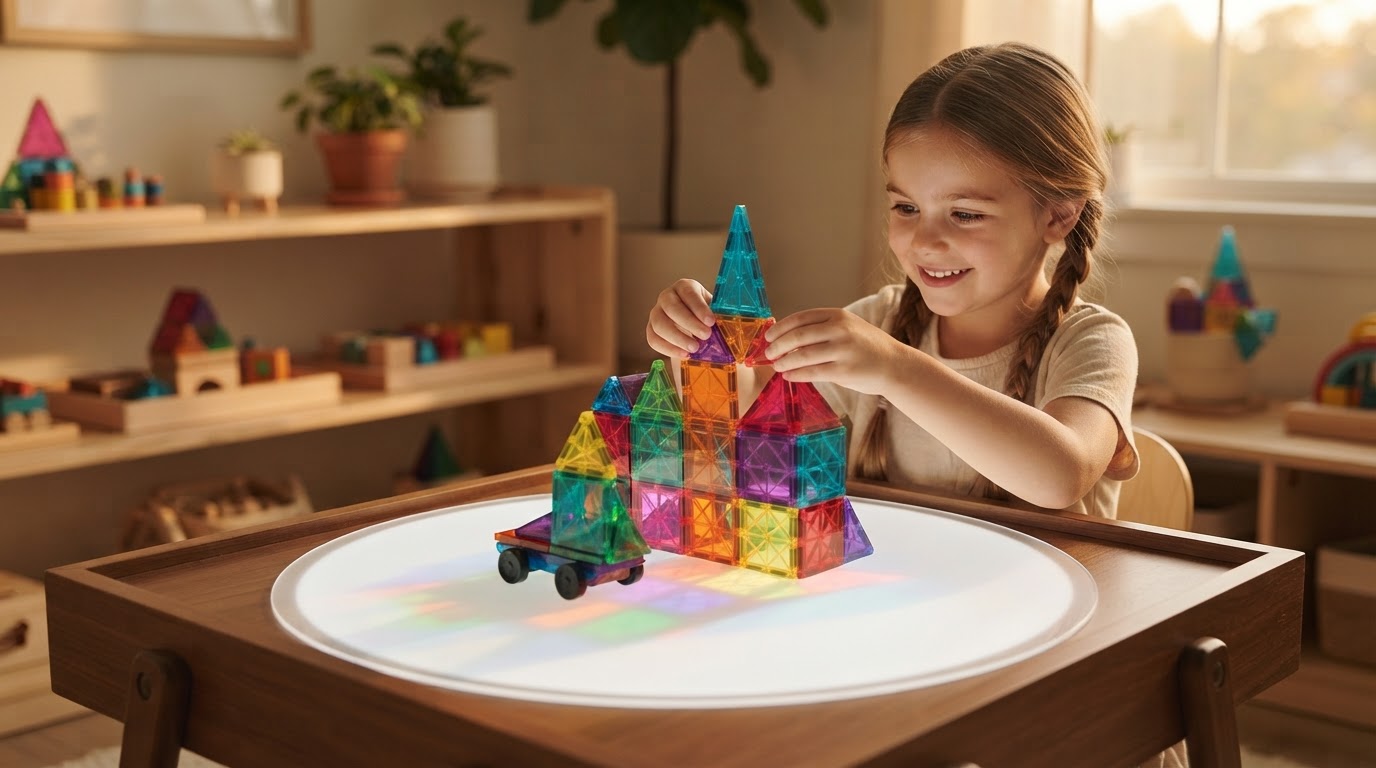 How do STEM Magnetic Tiles enhance light table activities?