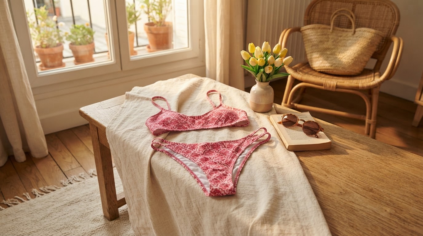 What defines a ditsy floral bikini top and bottom set?