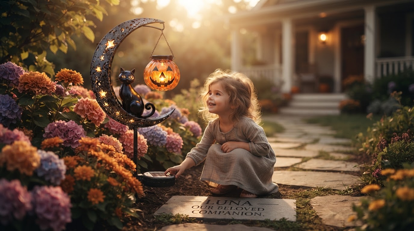 Solar Meow Decor Light Memorial Garden Stone Setup
