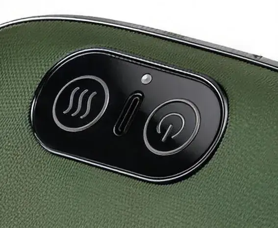 The two buttons on top of the massager: heat on the left, power and speed on the right