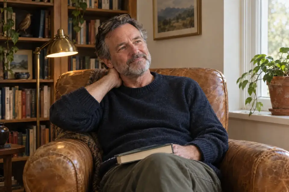 A man in his late fifties in a leather reading chair, a hand on the back of his neck
