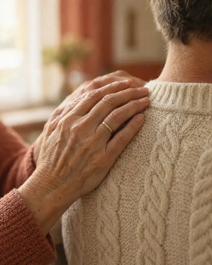 An older woman's hand with a gold ring resting on someone's shoulder