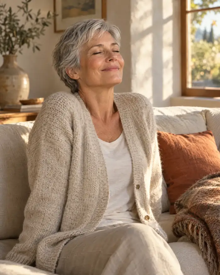 A woman in her sixties relaxing on a cream sofa with her eyes closed