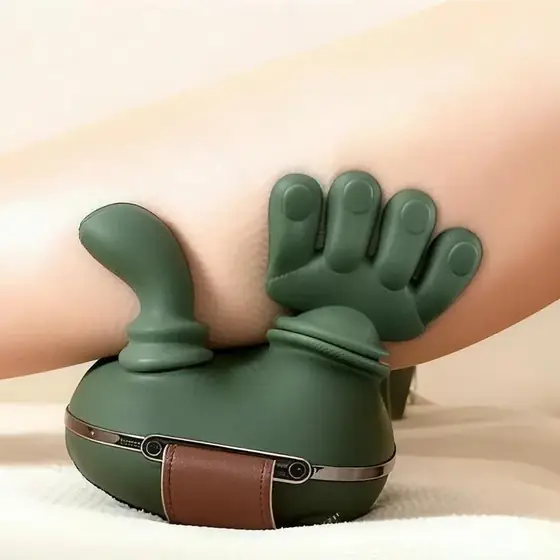 The massager kneading a calf, resting on a cushion