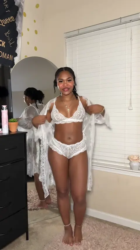 Try-on clip: the set in white, close detail on the lace