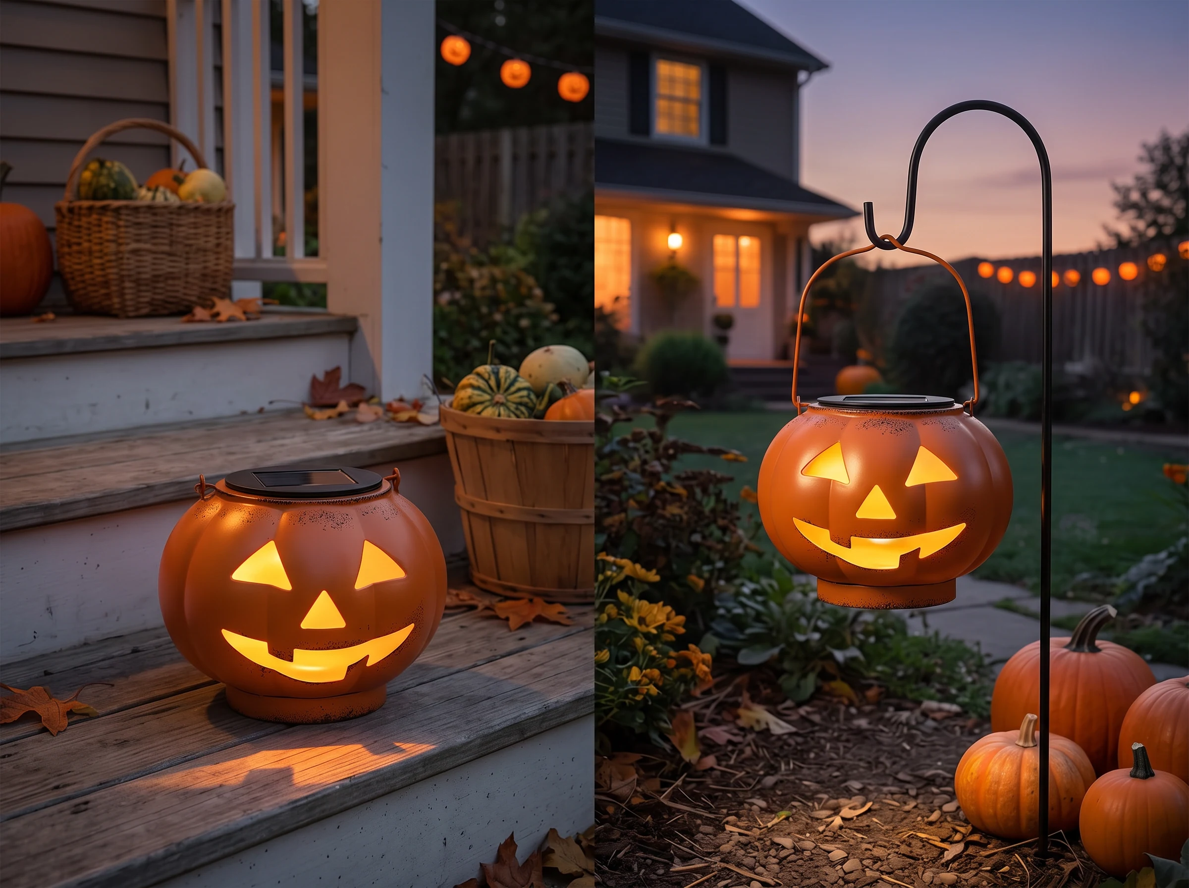 Two identical solar pumpkin lanterns at dusk, one hanging by its handle from a shepherd's hook and one standing flat on a porch step