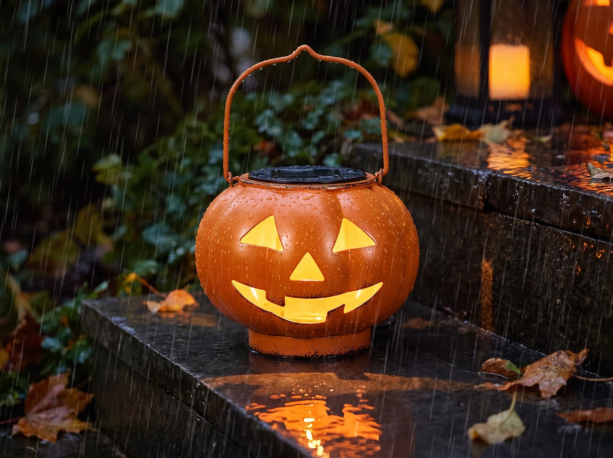 The lantern still glowing warm orange on a wet stone step during steady autumn rain, raindrops beading across the shell