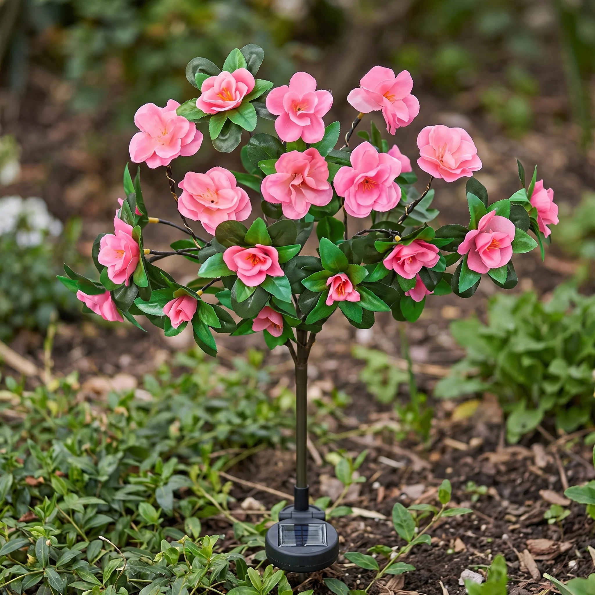 Azalea stake in a border in daylight, lights off