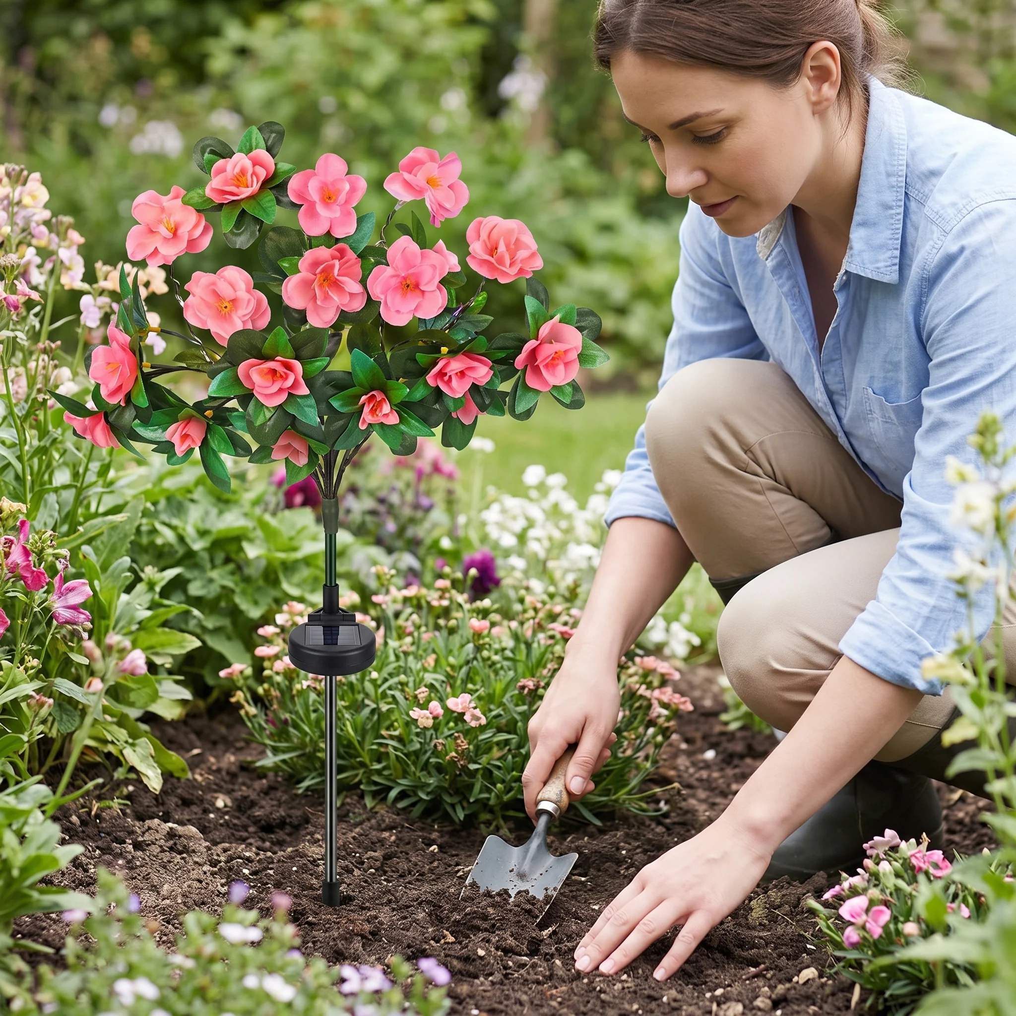 Gardener kneeling beside the azalea stake for scale