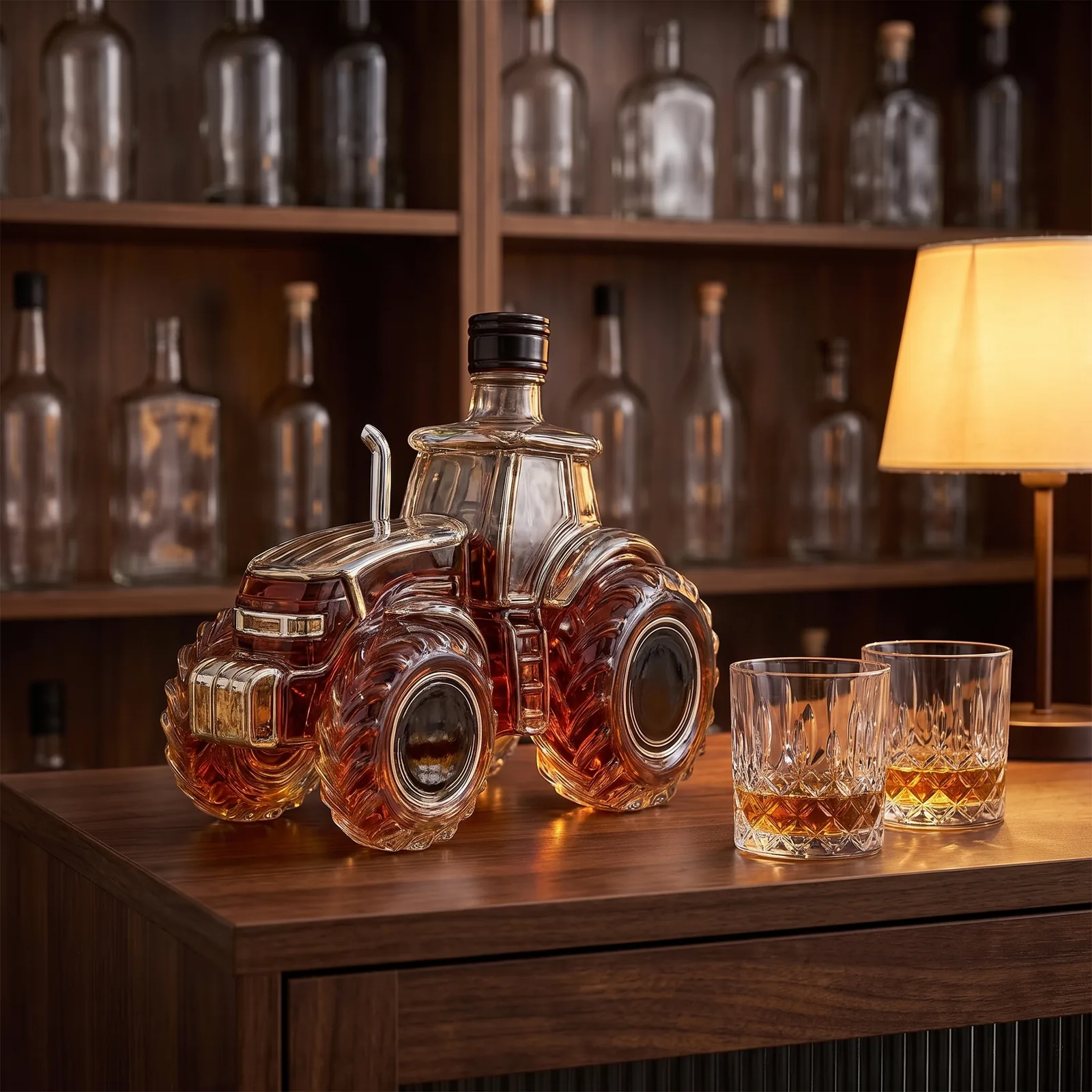The tractor decanter on a home bar beside two tumblers