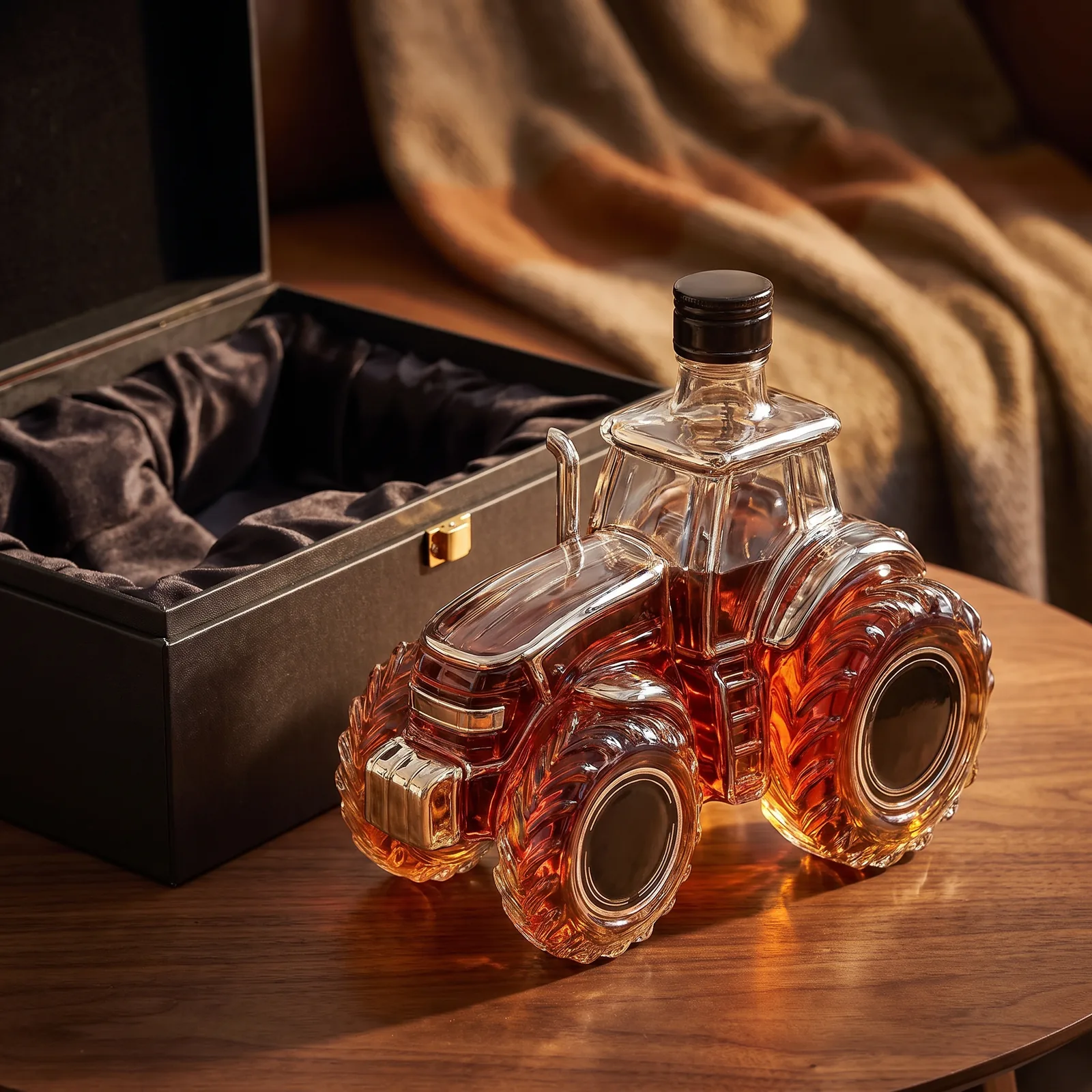 The tractor decanter beside an open lined gift box