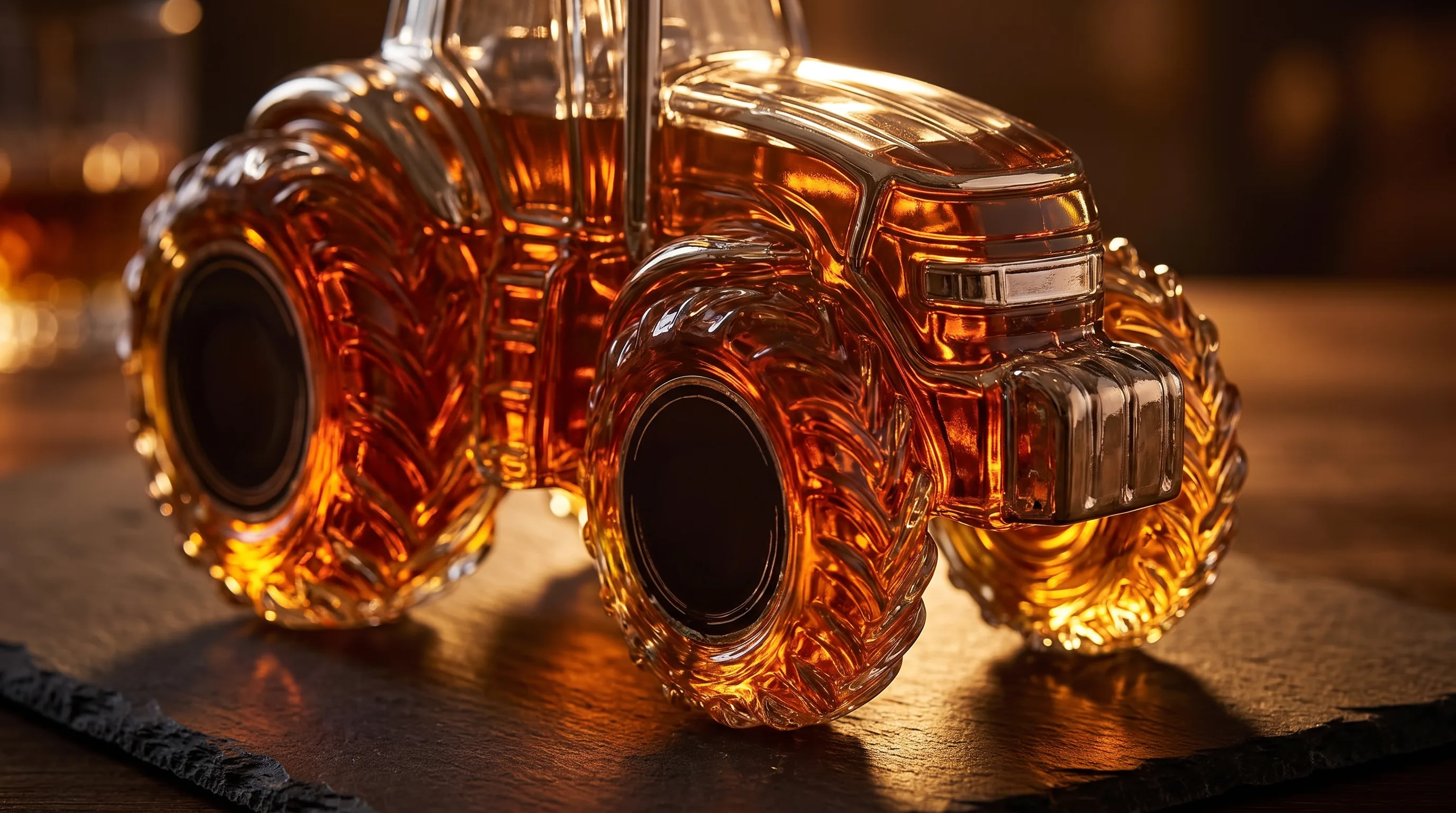 Backlit tractor-shaped glass decanter